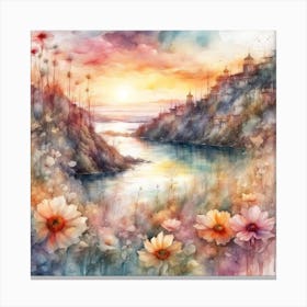 Sunset With Flowers Canvas Print