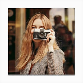 Firefly Young Lady, Posing, Camera, Blurry Effect, Shop Window, Retro Style, Minimal Colors, Soft Fo (9) Canvas Print