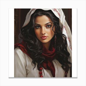 Woman 2. Hijab 3. Necklace 4. Wooden door 5. Brown frame 6. Long hair 7. Dark hair 8. White and red colors....... beautiful woman with long, dark hair, wearing a white and red headscarf and a red necklace. She is standing in front of a wooden door with a brown frame. Canvas Print