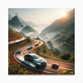 Racing cars at speed nearby hills Canvas Print