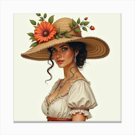 Spanish Woman With An Elaborate Hat, Watercolor With Ornate Details 1 Canvas Print