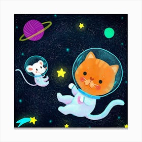 Cat And Mouse In The Space Square Canvas Print