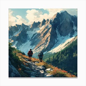 Two Hikers Hiking In The Mountains Canvas Print