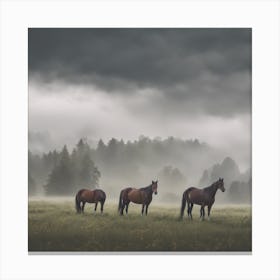 Horses In A Foggy Field Canvas Print