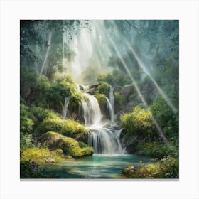 A Tranquil Retreat Watercolor Painting Of A Forest Waterfall (2) Canvas Print