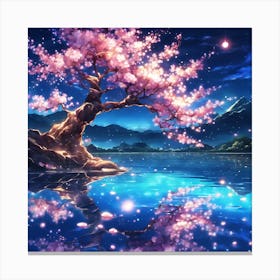 Knarled Cherry Blossom Tree on Turquoise Blue Lake Canvas Print