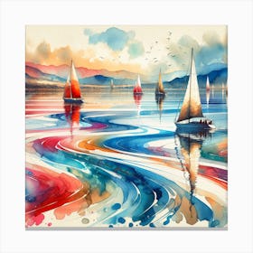 Boats Sea Water Artwork Painting Square Canvas Print