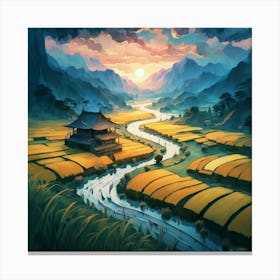 Beautiful views of rice fields, close to the river and surrounded by mountains, 6 Canvas Print