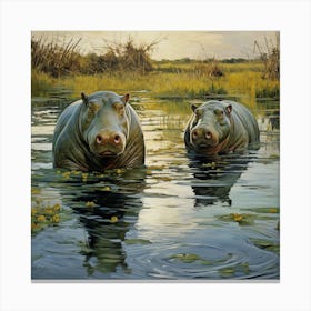 Two Hippos In The Water Canvas Print