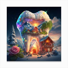 , a house in the shape of giant teeth made of crystal with neon lights and various flowers 4 Canvas Print