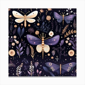 Seamless Pattern With Dragonflies And Flowers Canvas Print