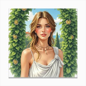 A Beautiful Greek Woman In Watercolor, Framed By The Lush Greenery Of A Mediterranean Garden 1 Canvas Print