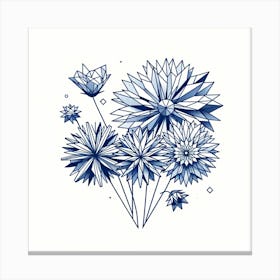 Title: "Sapphire Flora: Geometric Nature in Indigo"  Description: "Sapphire Flora" is an intricate exploration of floral geometry, where each blossom is crafted from the crisp lines and sharp angles of a mathematical dream. Set against a pristine background, the deep indigo hues give this botanical collection a striking presence, reminiscent of traditional cyanotype prints. The artwork celebrates the symmetry found in nature's forms, transforming petals and leaves into a kaleidoscope of abstract shapes. This piece marries the precision of geometry with the organic beauty of natural flora, making it a sophisticated and contemporary addition to any space that values design, pattern, and the elegance of simplicity. Canvas Print