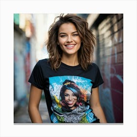 Confident Young Woman Smiles Wearing A Stylish T Shirt Mid Shot Vibrant Urban Background With Gra (2) Canvas Print