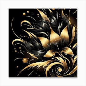 Gold Floral Design On Black Background Canvas Print