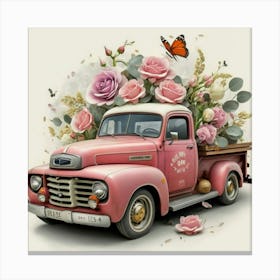 Pink Truck With Roses Canvas Print