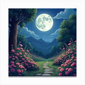 Enchanting Moonlit Garden With Blooming Flowers 1 Canvas Print