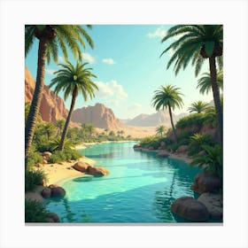 Lush Oasis With Palm Trees, Clear Water, And Desert Landscape 1 Canvas Print