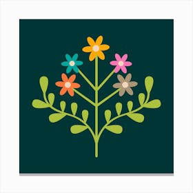 TAMI Mid-Century Modern Retro Floral with Small Flowers in Bright Colours on Dark Teal Canvas Print