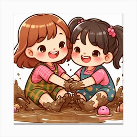 Two Girls Playing In The Mud Canvas Print