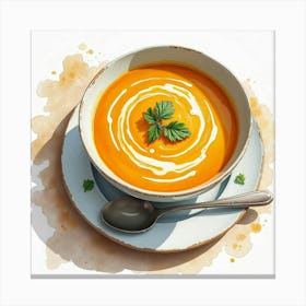 Watercolor Painting Of A Rich And Creamy Butternut Squash Soup On A Stylish Kitchen Table Canvas Print