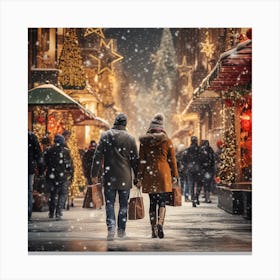 Christmas Couple Walking In The Snow Canvas Print