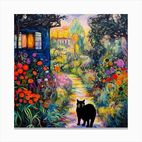 Black Cat In Monet Garden 3 Canvas Print
