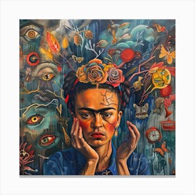 Battling Mental Health. Frida Kahlo Style Self Portrait. 3 Canvas Print