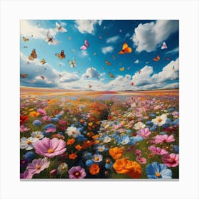 Field Of Flowers With Butterflies Canvas Print