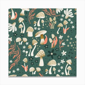 Mushrooms And Flowers On Green Square Canvas Print
