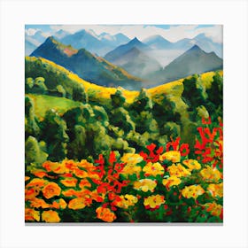 Mountain Landscape With Flowers Canvas Print