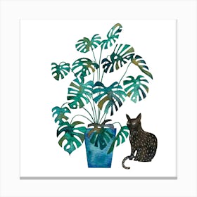 Black Cat and Monstera Houseplant Canvas Print