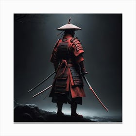 Lonely Japanese Red Samurai Warrior Stand In Dark Art 1 Canvas Print