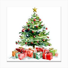 Watercolor Christmas Tree with Festive Gifts Canvas Print