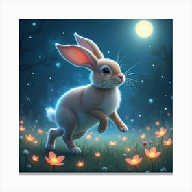 A Rabbit With A Mystical Aura, Hopping Through A Moonlit Meadow Filled With Glowing Flowers Canvas Print