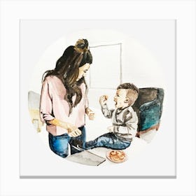Mother And Son Eating Pizza Canvas Print