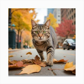 Cat Walking In Autumn Leaves Canvas Print