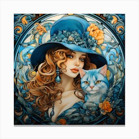 A Woman With A Blue Hat and Cat Canvas Print