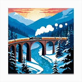 Vintage Travel Poster Cutout Steam Train Crossing A Curved Viaduct Over A Twilight Lit Valley Flan 2 Canvas Print