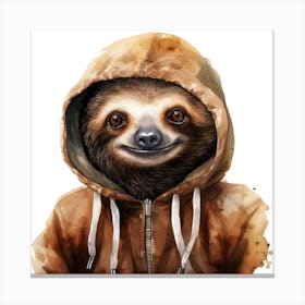 Watercolour Cartoon Sloth In A Hoodie 1 Canvas Print