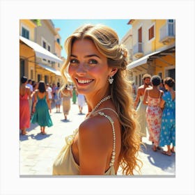 Lovely Greek Woman In Watercolor, Surrounded By The Vibrant Hues Of A Bustling Festival 1 Canvas Print