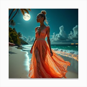 Beautiful Woman On The Beach At Night 4 Canvas Print