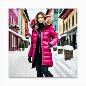 Woman in down jacket, walking in a snowy city at christmass time 1 Canvas Print