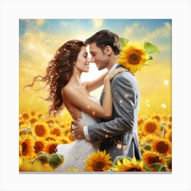 Couple In Sunflower Field. Canvas Print
