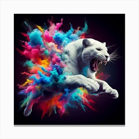 White Panther Flying Through Colorful Powder Canvas Print