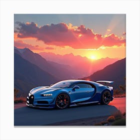 Bugatti Divo In A Brilliant, Watercolor Sunrise Over Mountains Canvas Print