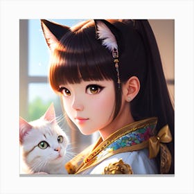 Kawaii anime portrait Annabelle with cat Canvas Print