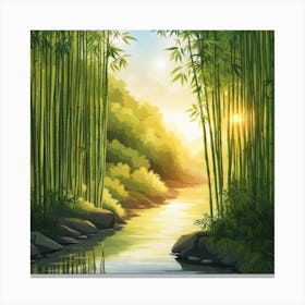 A Stream In A Bamboo Forest At Sun Rise Square Composition 174 Canvas Print