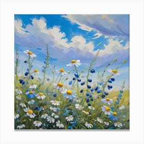 Beautiful Field Meadow Flowers Chamomile Blue Wild Peas In Morning Against Blue Sky With Clouds Nature Landscape Close Up Macro Wide Format Copy Space Delightful Pastoral Airy Artistic Image 2 Canvas Print