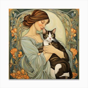 Woman with her Beloved Cat in Style of Art Nouveau 2 Canvas Print